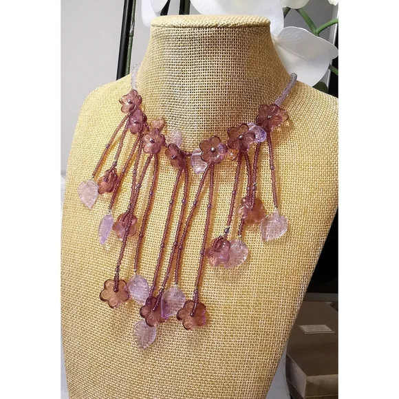NWT purple lavender flower fringe choker necklace Czech bead - Picture 5 of 9